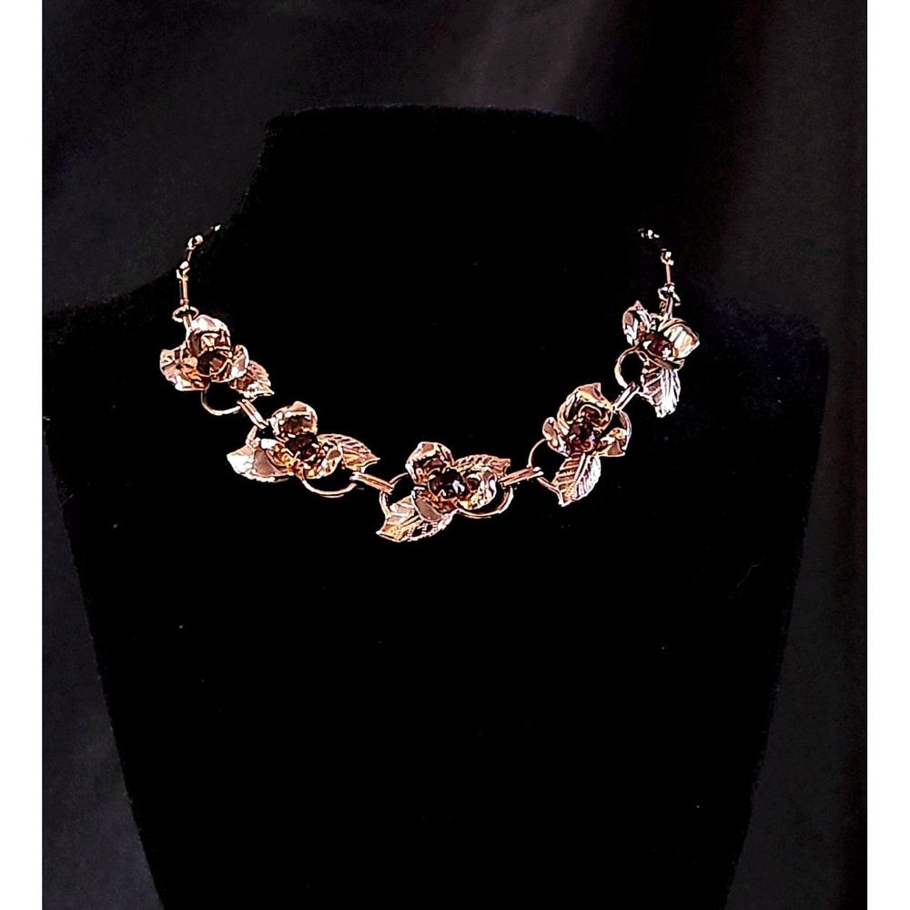 Vintage Gold Tone Floral Necklace with Purple Rhinestones Romantic Jewelry